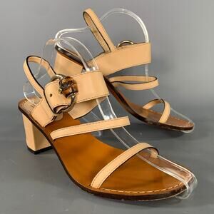 GUCCI Size 8.5 Tan Brown Leather Logo Kitten Heel Sandals